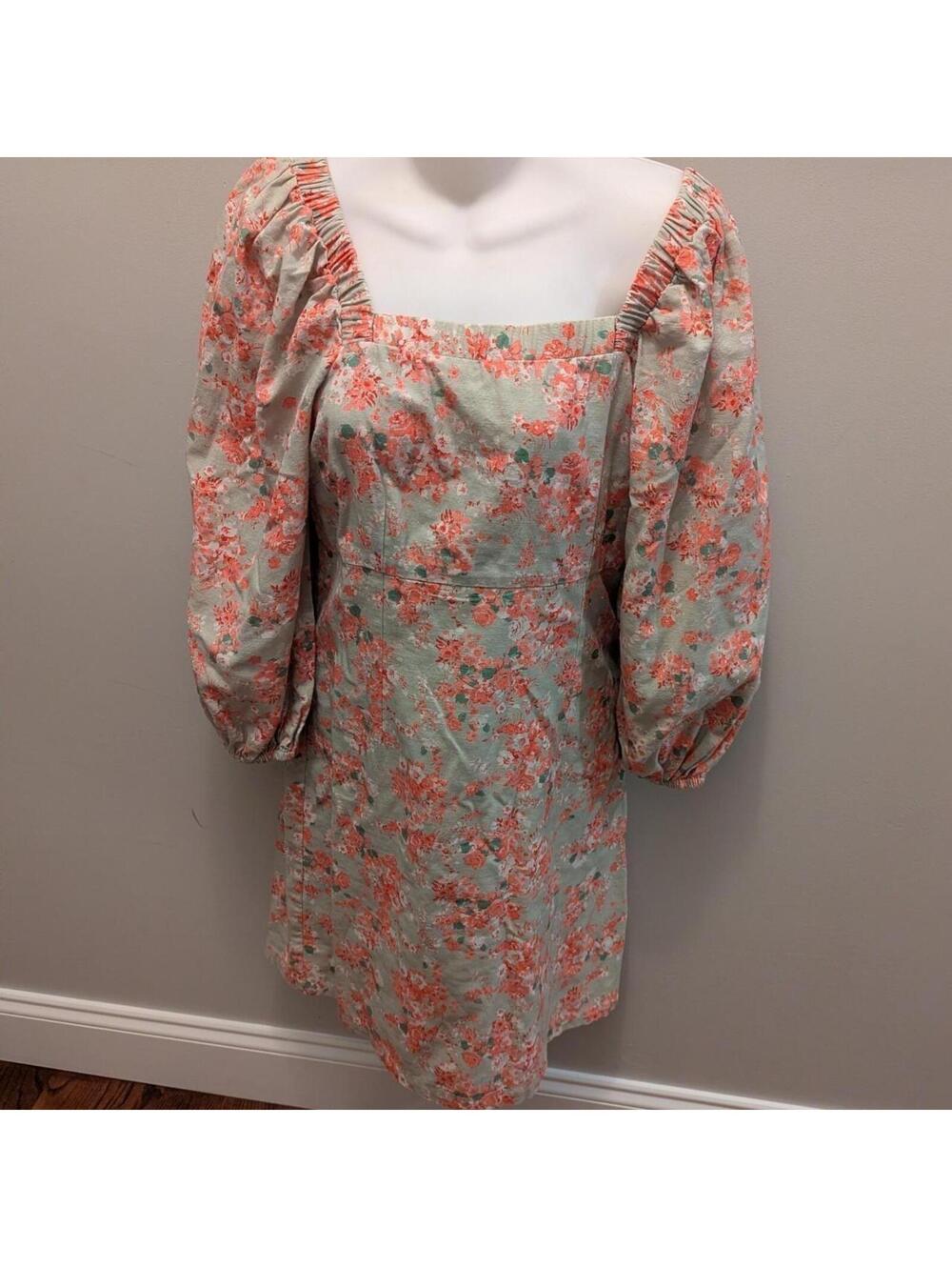 anthropologie dress Forever that Girl pink floral square neck puffed sleeve